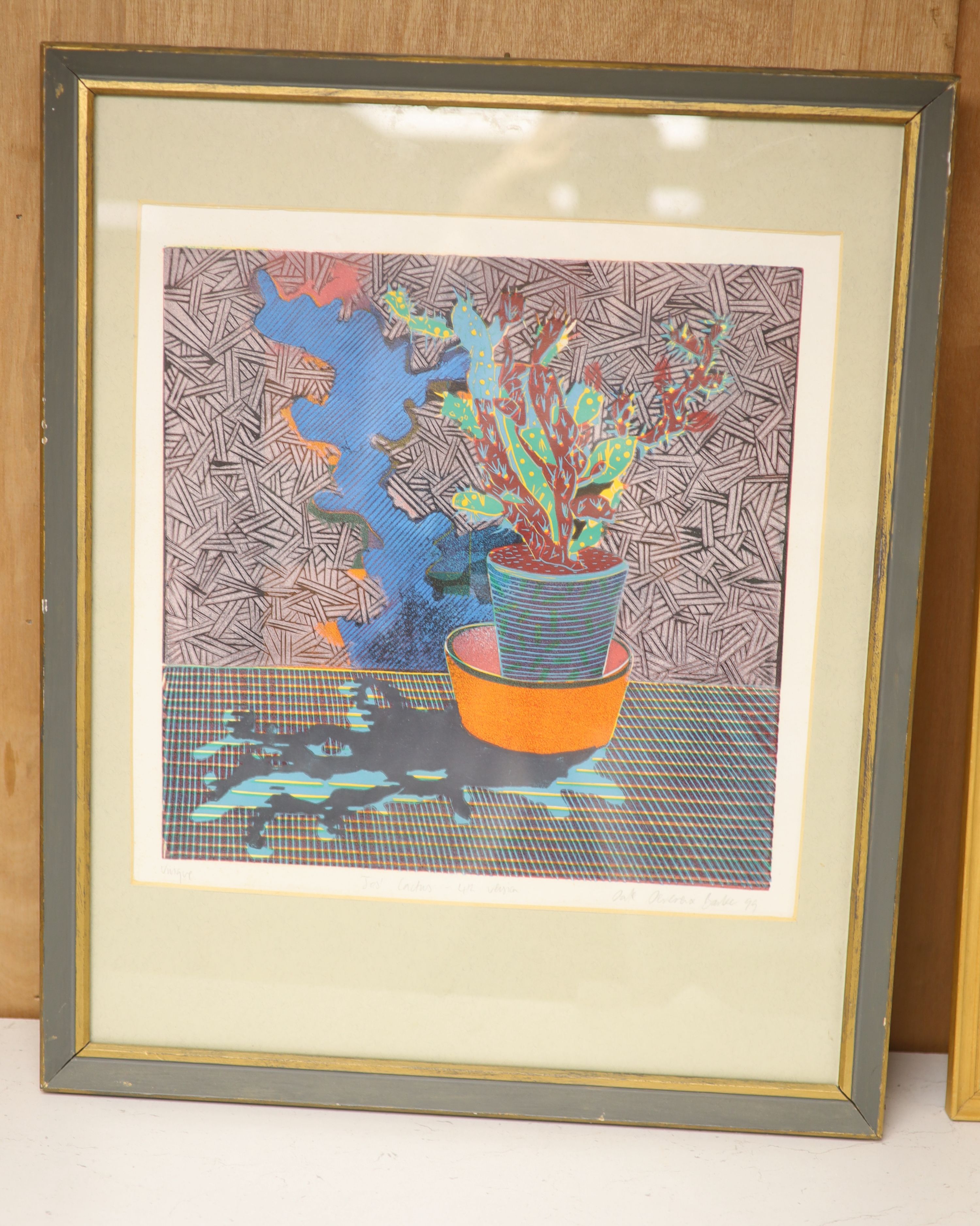 Dale Devereux Barker, linocut, Jos' Cactus, signed and dated '99 and inscribed Unique, 33 x 33cm